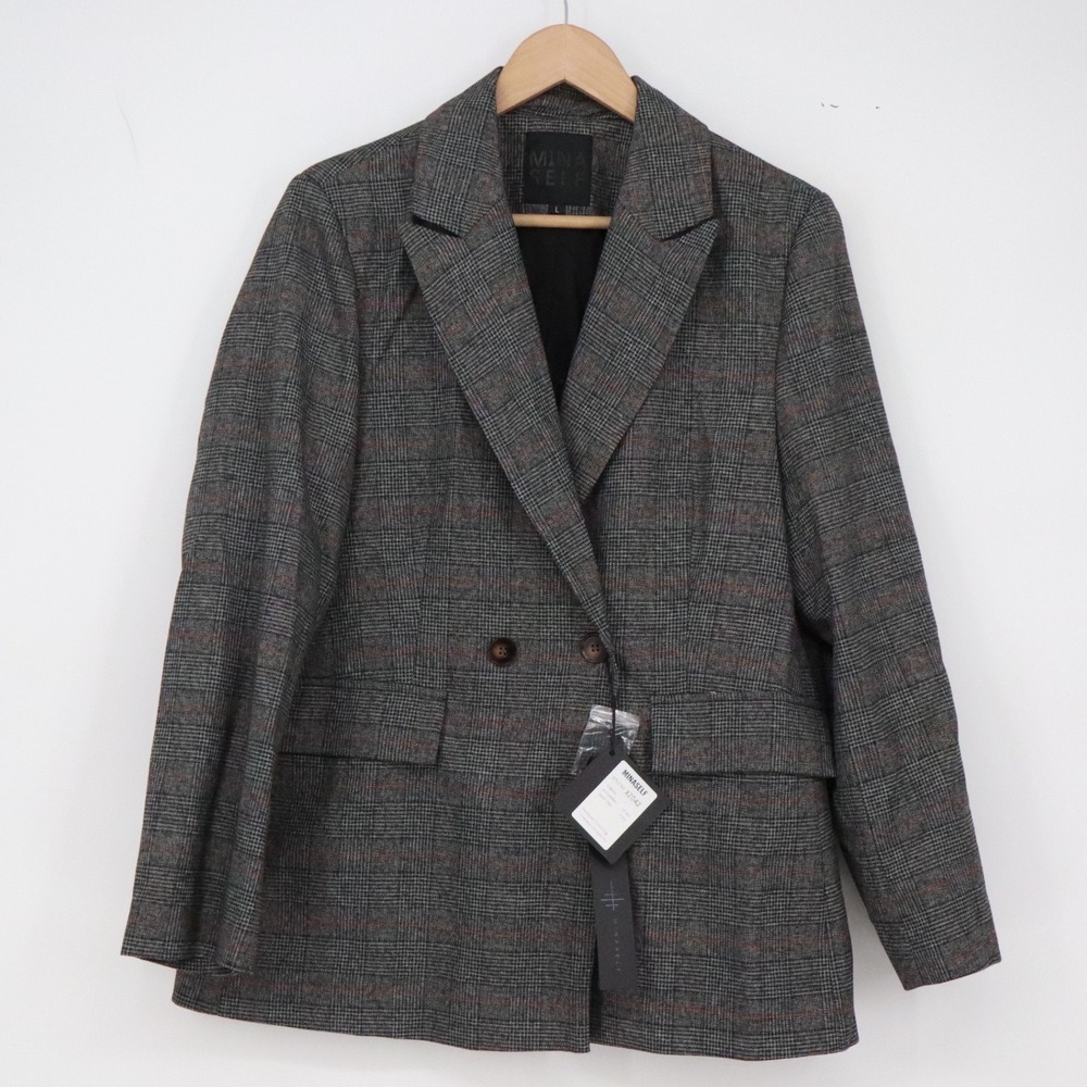 Mina Self Blazer Womens L Grey Plaid Double Breasted Relaxed Fit NEW